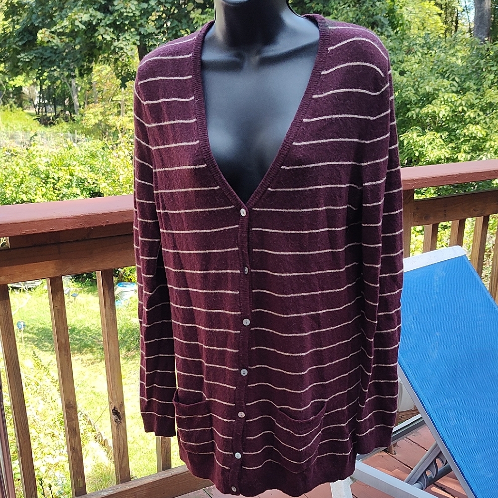 Lands' End Maroon Cardigan Sweater with Cream Stripes Size Small